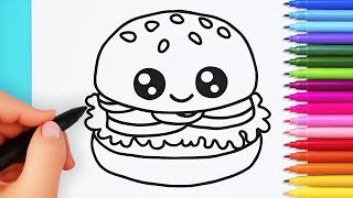 How to draw kawaii burger | Drawing and coloring cute hamburgers