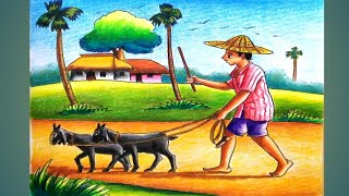 How to draw a scenery of village /village scenery drawing with animal and  figure - YouTube