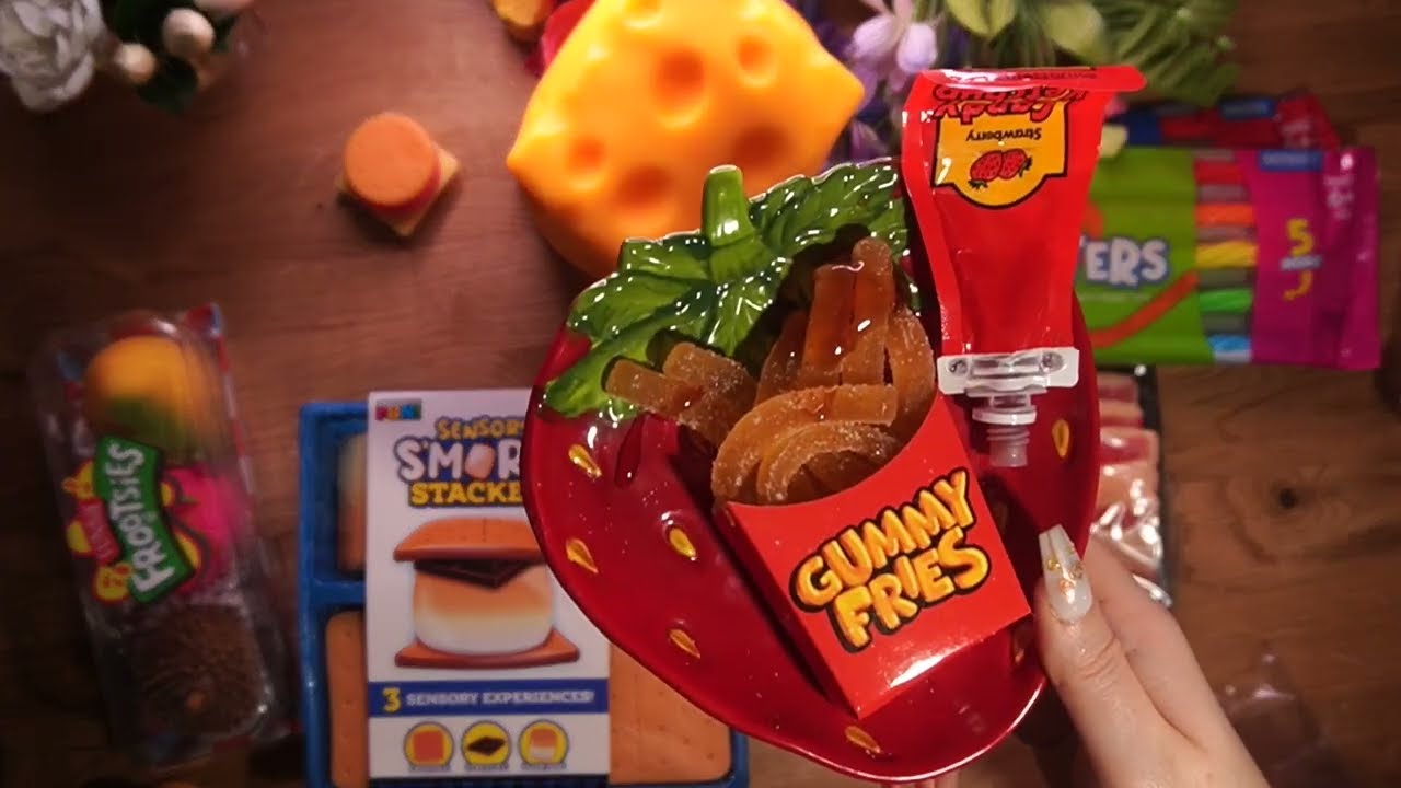 Chewy Candy ASMR Sounds Gummy Bologna, fries, pickle candy