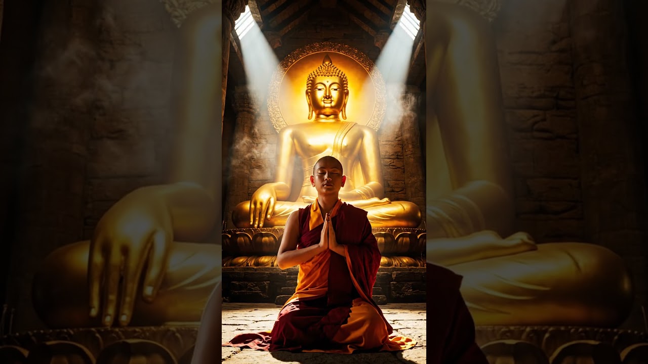 Monumental Buddha statue glowing like the sun, monk bowing