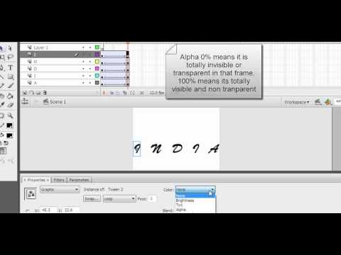 Flash Video Tutorial in English - text animation with text dropping fading effect in Flash