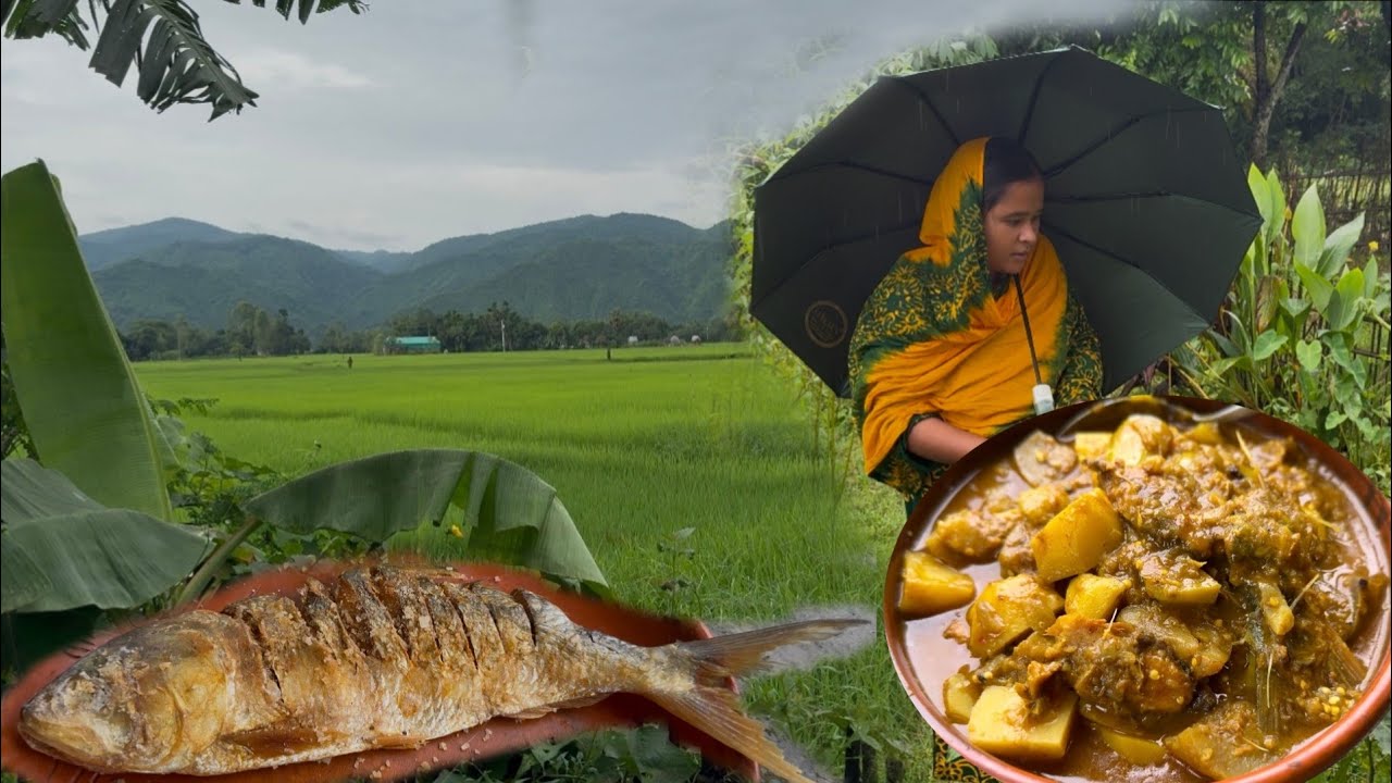 বৃষ্টি ভেজা দুপুরে গাছের পাকা বেগুন আলু দিয়ে নোনা ইলিশ রান্না || Villfood by Laki