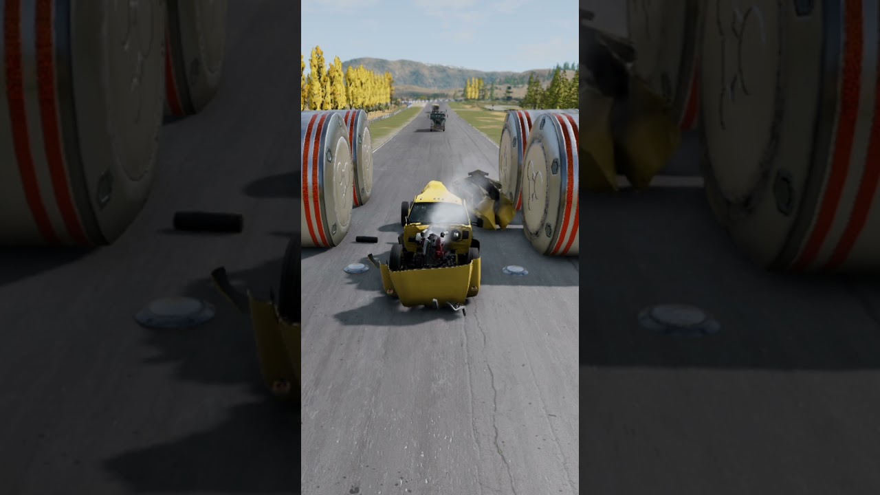 4 Giant Bollards vs Cars, Buses, Trucks & Ambulance Crash | BeamNG.Drive 