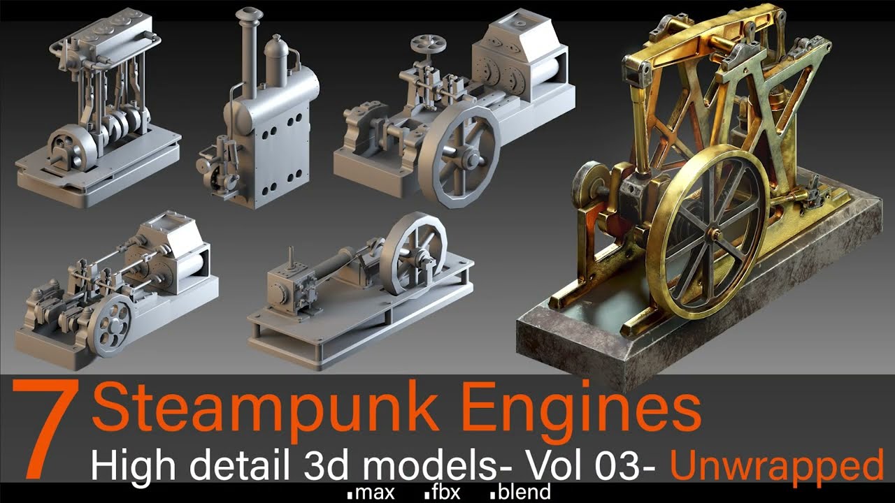 ⚙️ 7 Steampunk Engines – 3D Model Pack | UV unwrapped