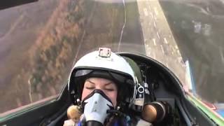 Happy woman fly in MiG 29 to stratosphere! Top Gun in fighter jet for tourists!