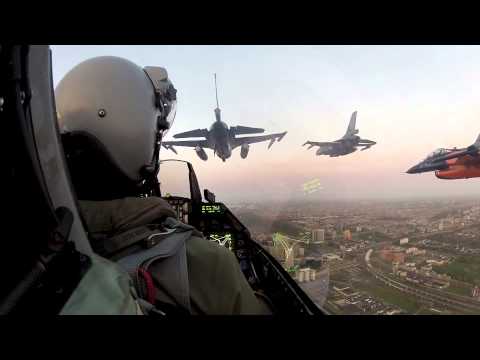 F16 pilot flies in a squadron formation over Amsterdam. See what he sees.