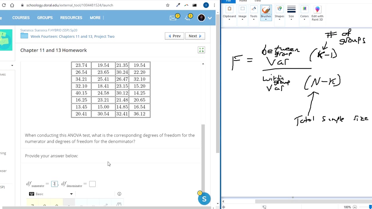 Determine the degrees of freedom for the numerator and denominator for one  way ANOVA test