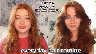 How we style our curtain bangs! Everyday hair care routine *tips & tutorial | Ruby and Raylee