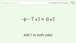 Solve 6p+-7+-7p=0: Linear Equation Video Solution | Tiger Algebra