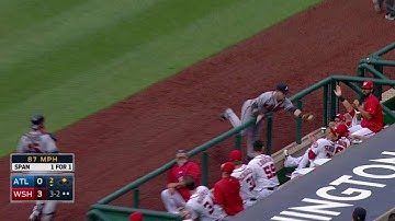 ATL@WSH: Terdoslavich nearly falls in dugout for out