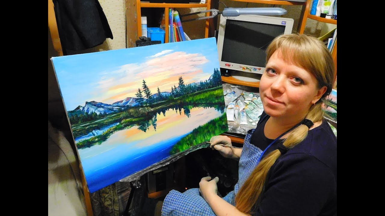 Закат горный пейзаж процесс создания картины / Sunset mountain landscape in the process of painting