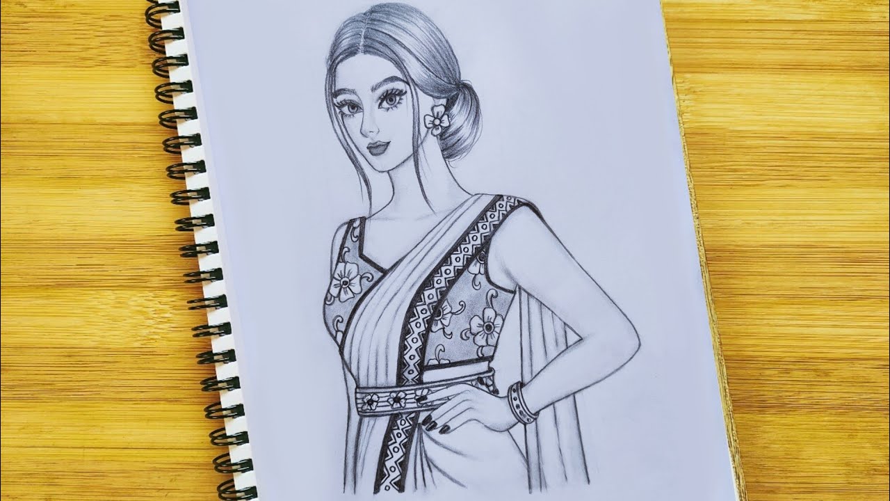 How to draw a Traditional Girl with Saree Easy, Saree Drawing, Draw girl/ Drawing for girls/drawing