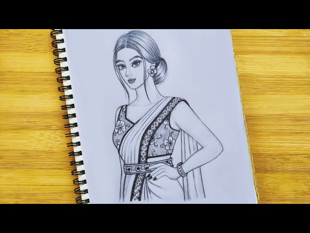 How to draw a traditional girl pencil drawing | girl with half saree drawing  | easy drawing - YouTube