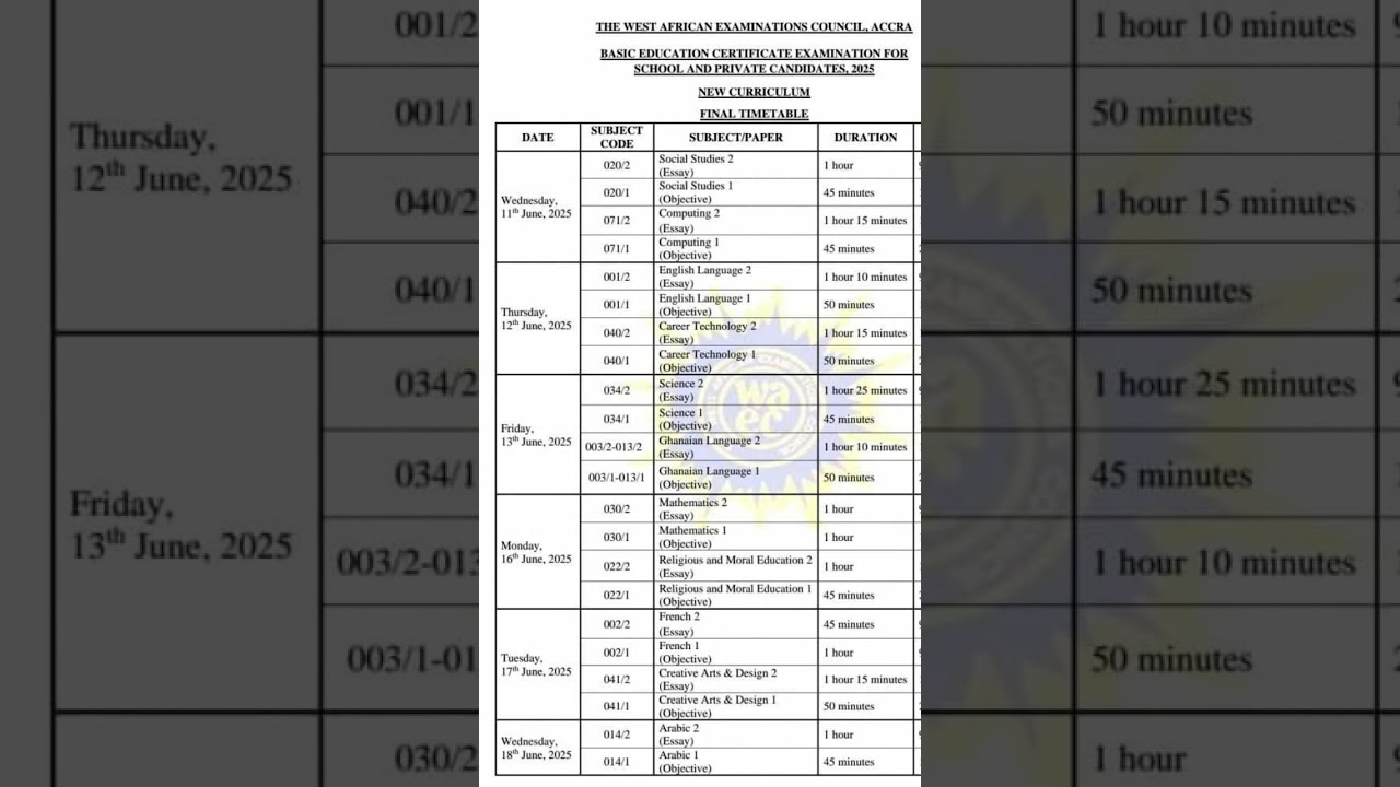 Actual 2025 BECE Timetable #bece2025 #becetimetable #june #newtimetable #becemock