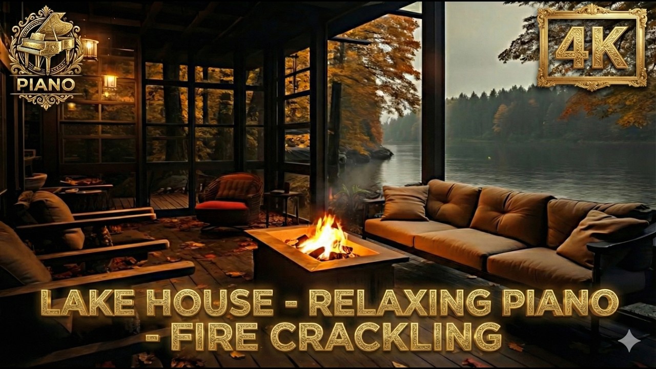 Cozy Lake House Ambience 🍂 10 Hours Relaxing Piano & Fire Crackling for Sleep/Study (4K)