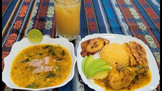 ♨ALMUERZO COMPLETO, Raspado de verde con atún, Cocolón Seco de pollo con maracuyá, Jugo Naranjill