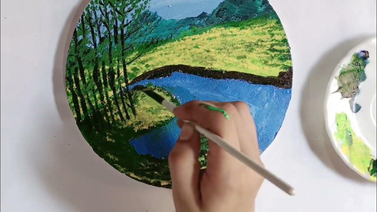 How To Paint “ENCHANTED EVENING” 💜 LANDSCAPE acrylic/painting tutorial/ ROUND  CANVAS 