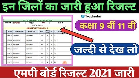 एमपी बोर्ड कक्षा 9 वीं 11 वीं इन जिलों का आ गया रिजल्ट जल्दी देखो।। MP board result 2021 Teachmint
