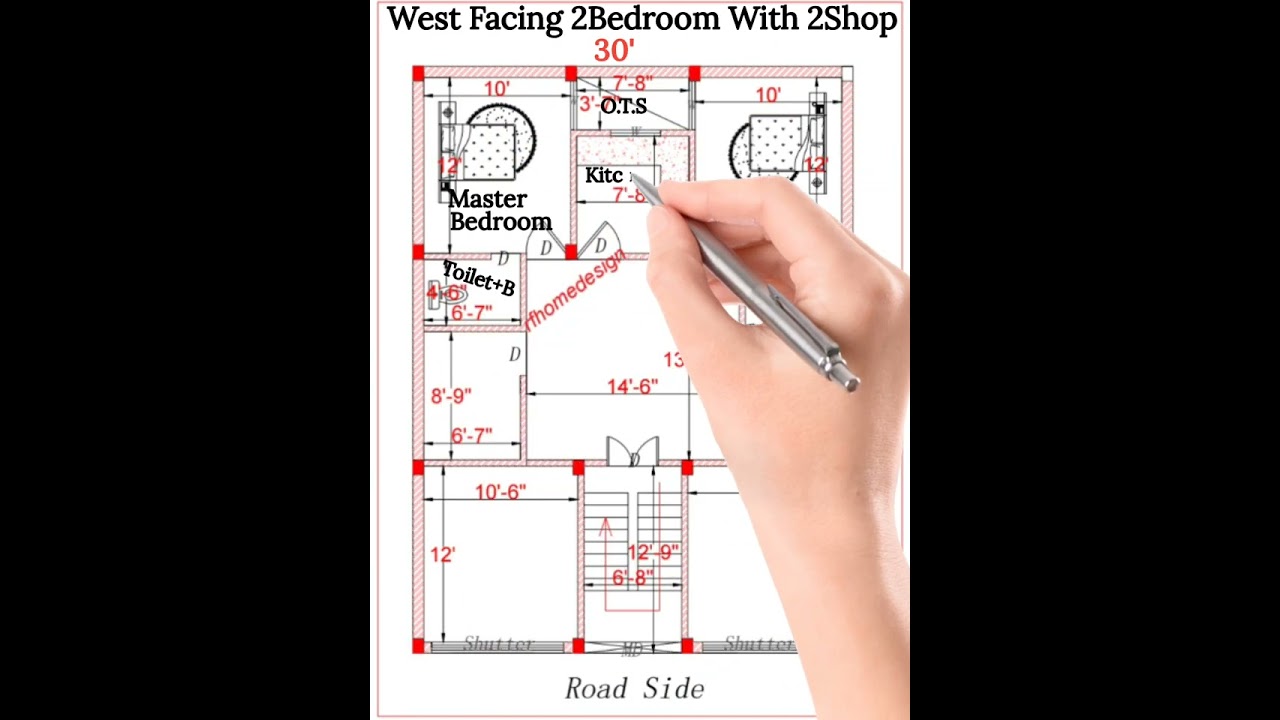 30'×40' 2Bedroom+2Shop Home Design| 1200sqft Ka Naksha| West Facing Home Design| rfhomedesign 