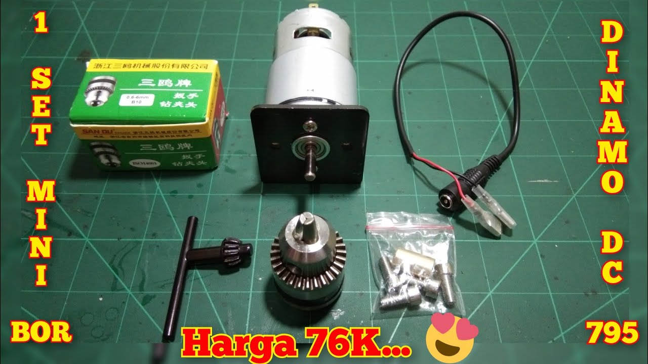 1 Set Mini Bor/Electric Drill DIY (Dinamo Motor DC 795, Chuck+Kunci, Bracket, Kabel Jack Dc, Sekrup)
