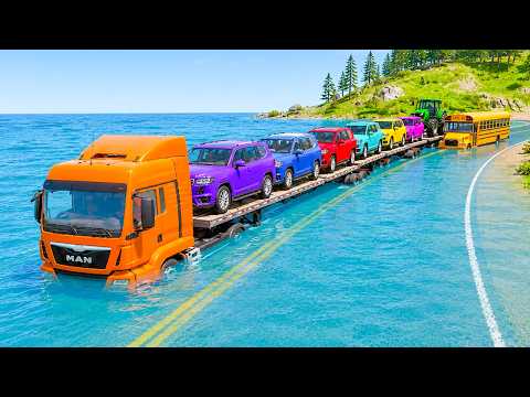 Triple Flatbed Trailer McQueen Transportation with Truck - Speedbumps vs Cars vs Train - BeamNG #341