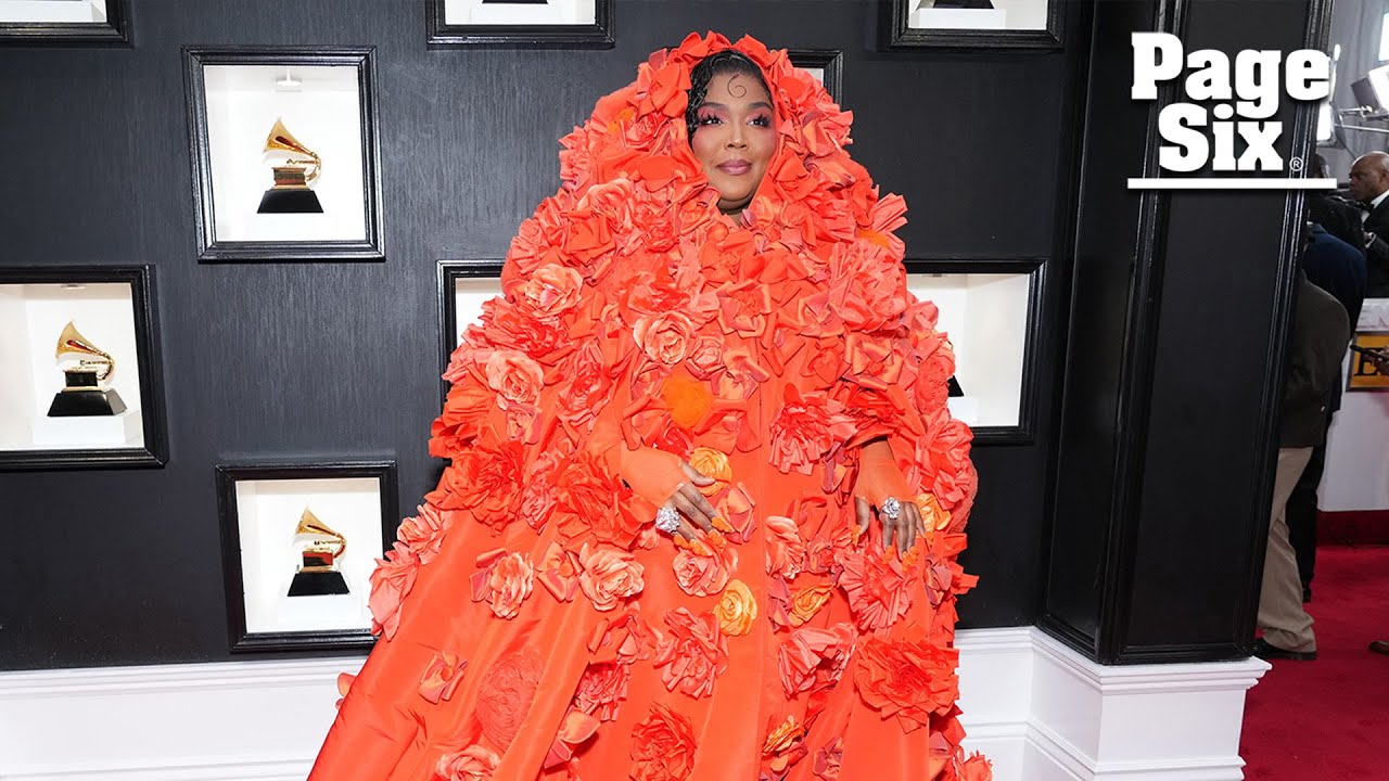 Lizzo looks peachy in corset and floral cape on Grammys 2023 red ...