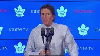 Head coach mike babcock addresses the media following toronto's 6-1
win over anaheim on monday.
