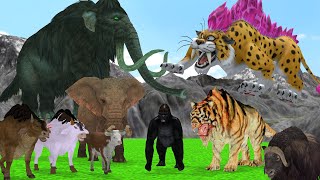 African Elephant Vs Giant Tiger Chase Cow Cartoon Bull Saved by Woolly Mammoth Giant Animal Fights