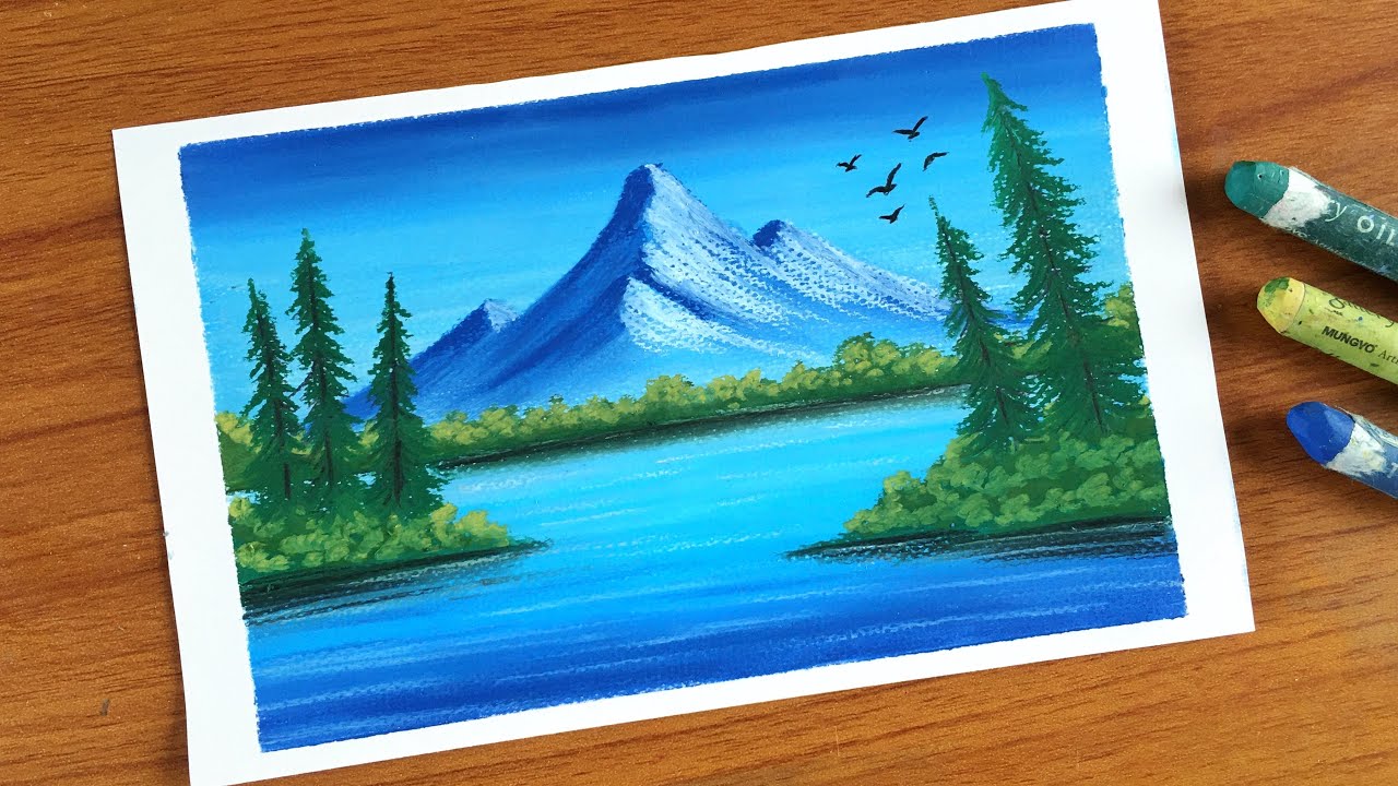 Easy Oil Pastel Landscape painting for beginners, MOUNTAIN SCENERY