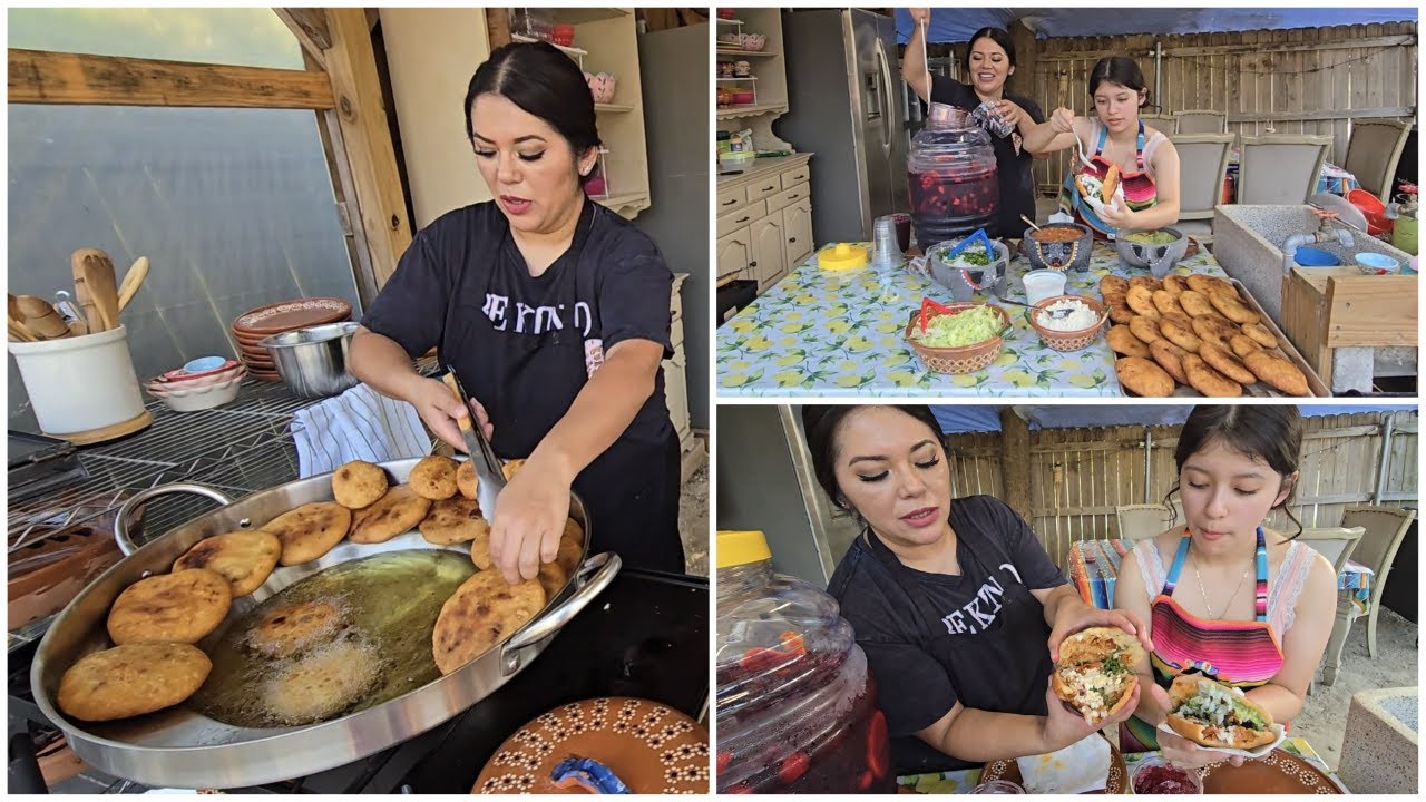 GORDITAS FRITAS DE CHICHARRON PRENSADO Y DE CHICHARRON EN SALSA VERDE Y AGUA FRESCA DE JAMAICA!!!!!