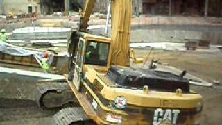 Kenmore Construction Caterpillar 330B Excavator placing gravel in Downtown Akron, Ohio