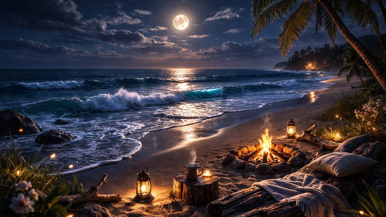 8 Hours Beach Campfire Ambiance 🔥 Ocean Waves & Crackling Fire Sounds for Sleep & Relaxation