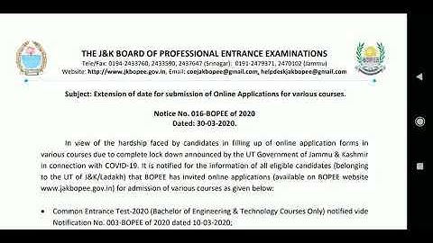 JKBOPEE EXTENDED Last Date  of Application Forms For Various Engineering & Medical Courses