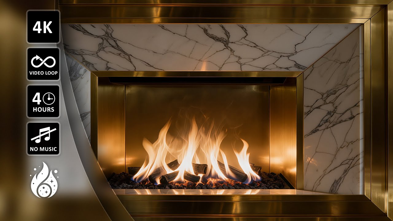 Luxury Carrara Marble Fireplace with Gold Accents 🔥 Modern Fireplace Ambience | 4H