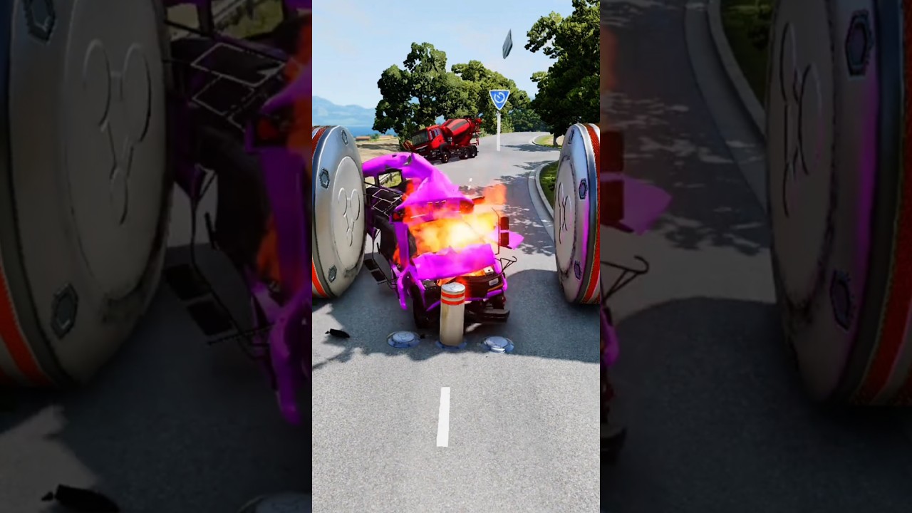 mix colour cement trucks & school bus vs Ballards crasn hammer in the game BeamNG