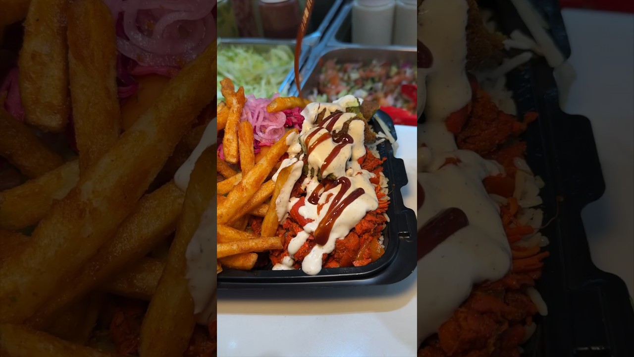 The CHICKEN & FALAFEL MIXED PLATTER from Halal Munchies in NYC! 🔥🤤 #DEVOURPOWER
