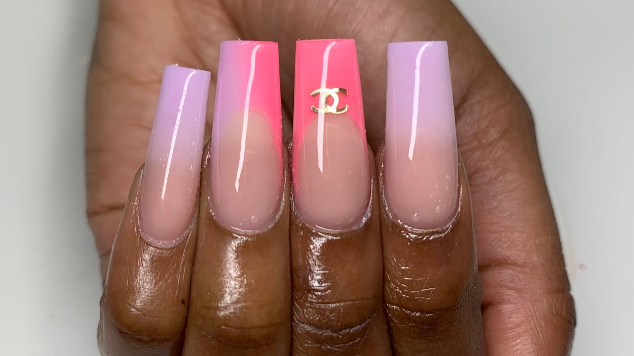 Pink Purple French Ombré Tapered Square Acrylic Nail - YouTube