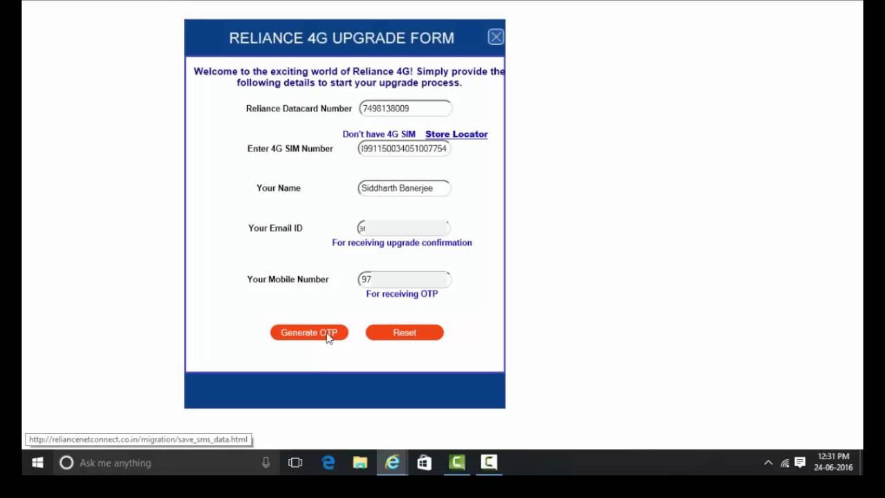 Reliance 4G Data SIM Registration YouTube