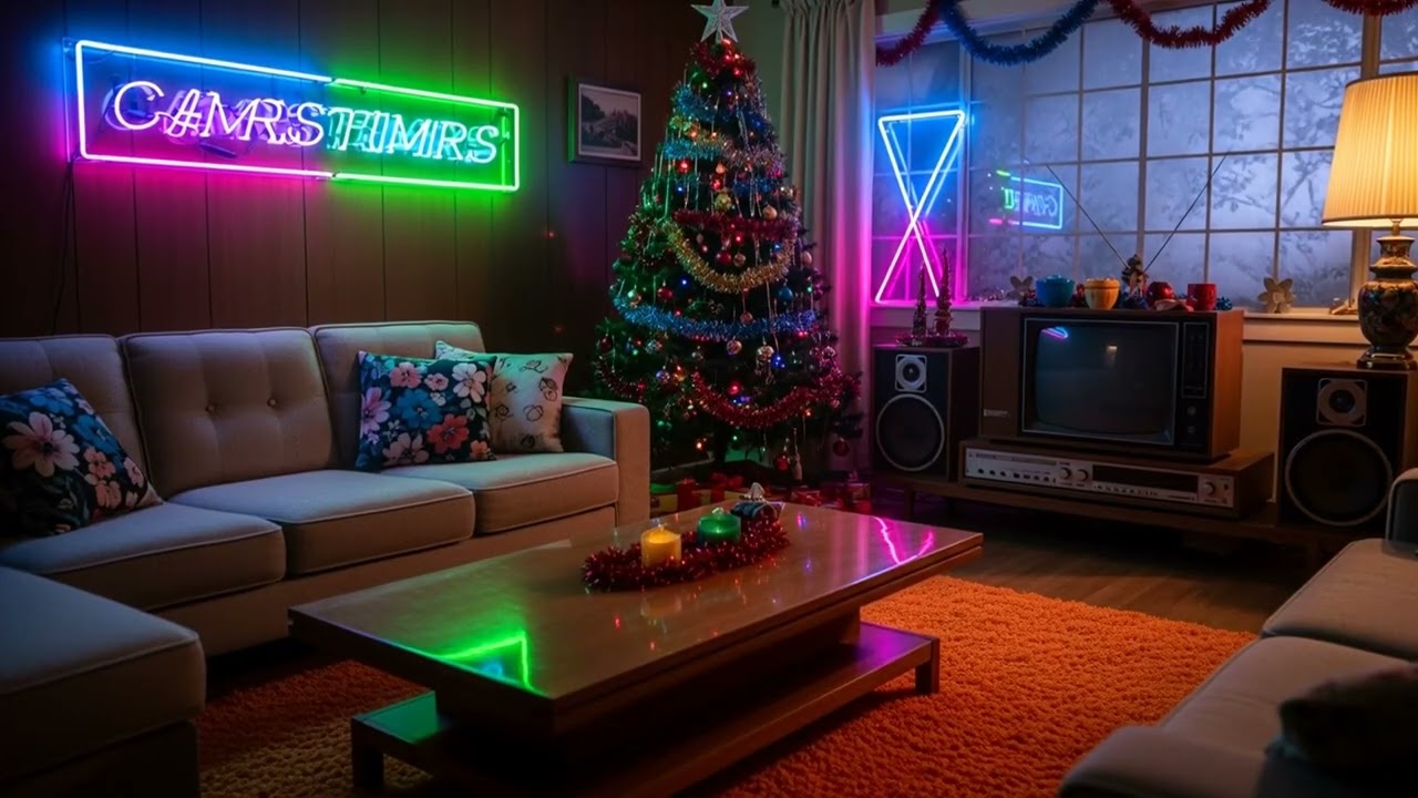 🎄 Synthwave Christmas Fireplace 🔥 Retro Holiday Music & Cozy Neon Ambience for Relaxing