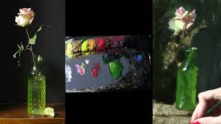 A Single Rose and Green Glass Still Life Painting Lesson Timelapse