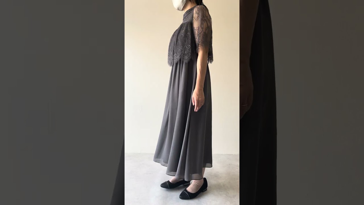 チャコールグレーの授乳口付ハイネックレースドレス[S〜M対応