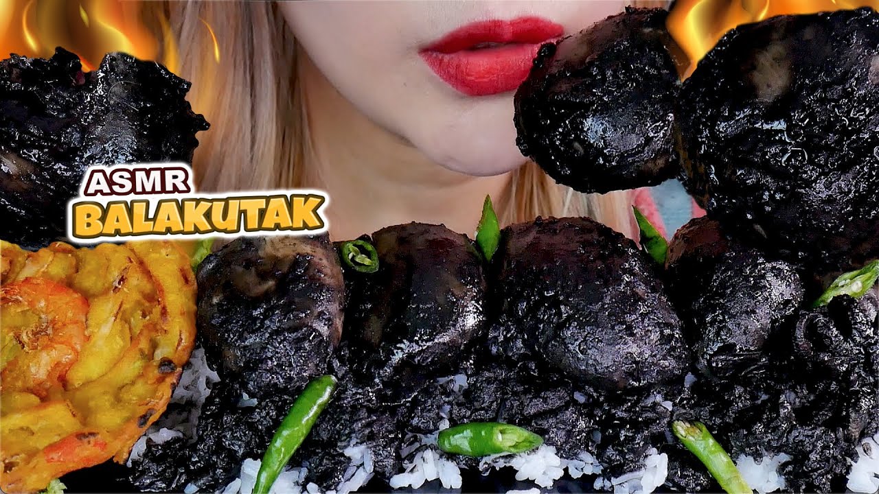 ASMR🐙🖤CUMI TINTA HITAM BALAKUTAK BAKWAN UDANG💥BLACK INK SQUID WITH RICE EATING SOUND