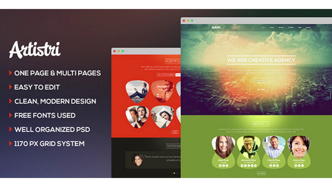 Download Artistri Creative One Page And Multi Page Psd Themeforest Website Templates And Themes Youtube PSD Mockup Templates