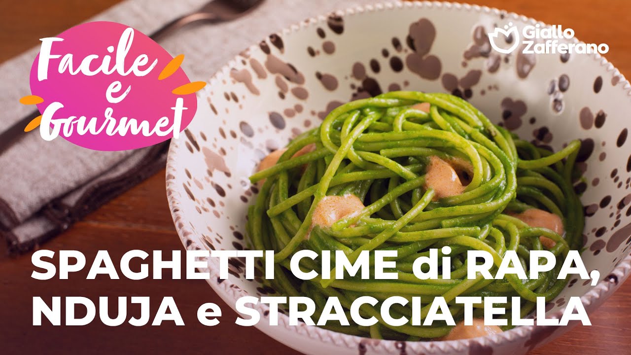 Spaghetti with Cream of Turnip Tops, Nduja and Stracciatella