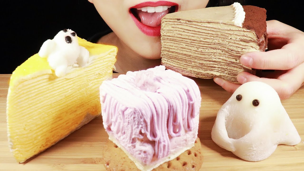 ASMR CREPE CAKE MOCHI EATING SOUNDS BIG BITES 크레페 케이크 찹쌀떡 리얼사운드 먹방 노토킹 クレープケーキを食べる 大福 咀嚼音 千層蛋糕 Abbey