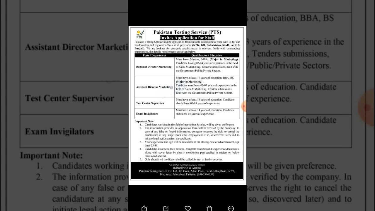 latest jobs in Pakistan testing service (PTS)2023