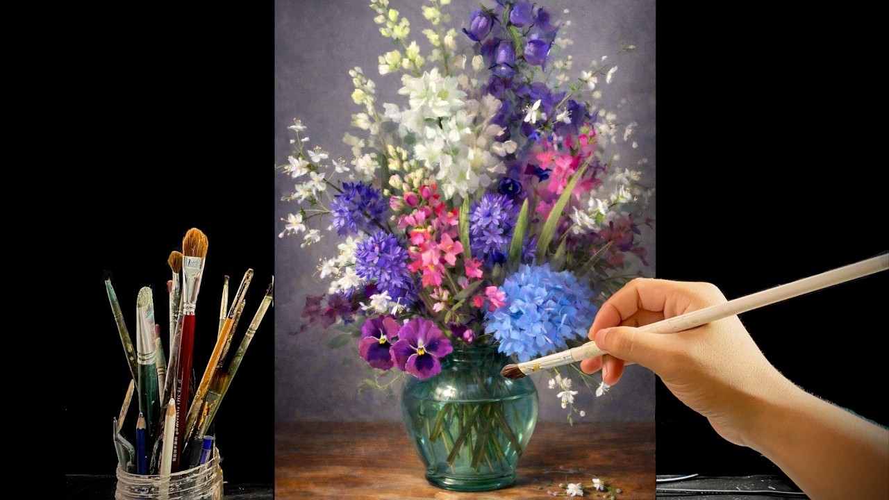 🎨 Painting a Vibrant Floral Arrangement in Glass Vase | Relaxing Acrylic Still Life Tutorial | #174