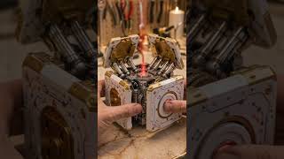 Extreme close-up of amechanical cube. Button pressactivates internal mechanisms.Panels split
