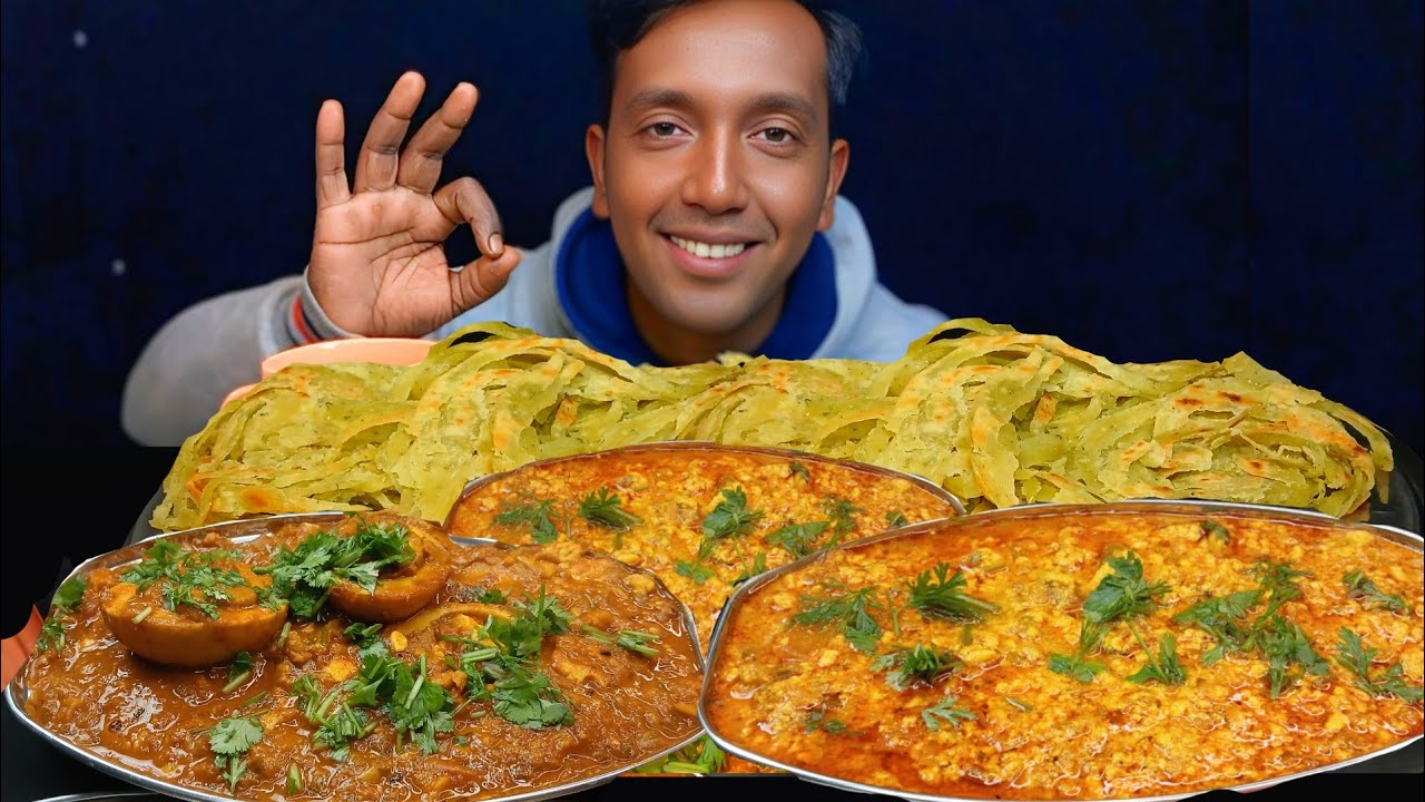 EATING PANEER GHOTALA, LACHHA PARATHA, MALAI CURRY, INDIAN VEG STREET FOOD ASMR, FOOD EATING VIDEO 