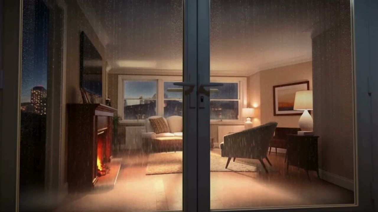 3 Hours Rain on Window with a Fireplace Living Room Ambience